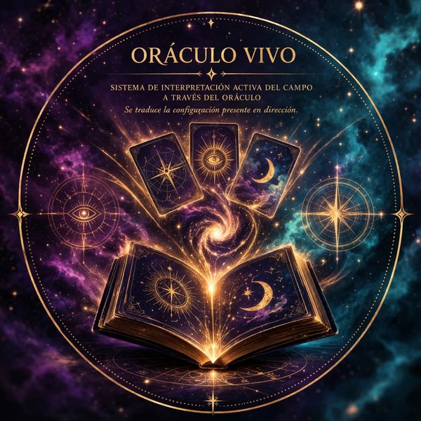 Ilustración mística de un libro abierto con cartas de oráculo y símbolos cósmicos.