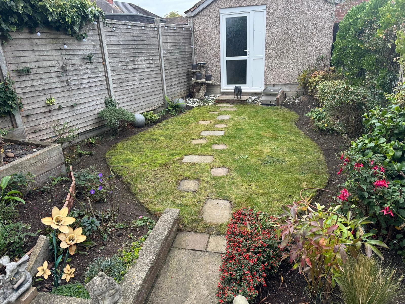 Cozy backyard garden with stepping stones and plants.