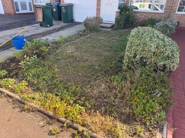 Front garden with patchy grass and shrubs.