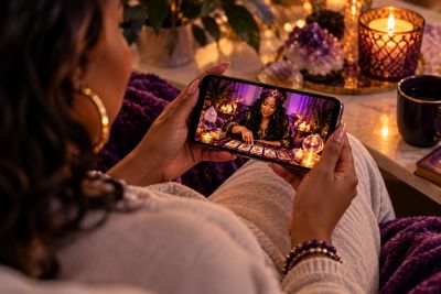 Person watching a tarot card reading on a phone.