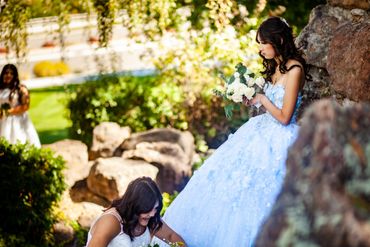 Side Shot of girl in a large blue dress