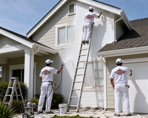Three painters in white Bentley uniforms painting a house exterior.