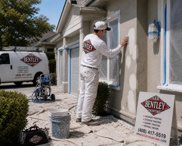 A&R Bentley Painting contractor applying fresh paint to a San Jose home exterior wall.