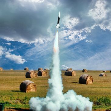 A rocket launching in a field with hay bales.