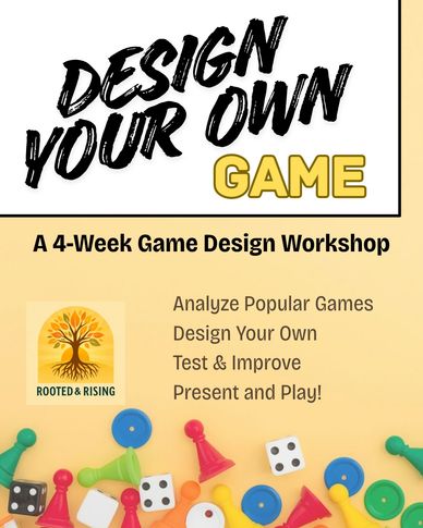 Design Your Own Board Game: A 4-Week Game Design Workshop with RAR logo and game pieces scattered