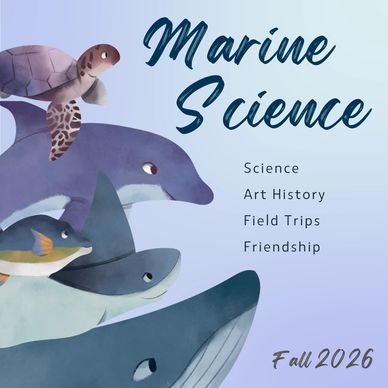 Group of marine animals with the words "Marine Science. Science. Art History. Field Trips. Friendshi