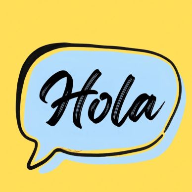 Bright yellow background with a light blue speech bubble that says Hola.