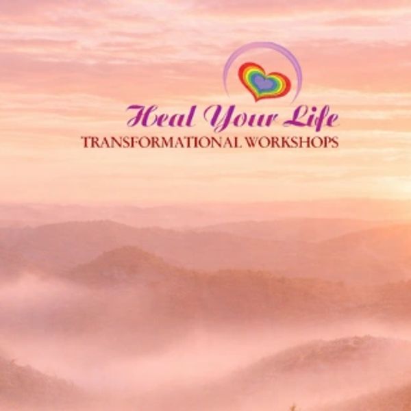 Sunrise over misty mountains with a healing workshop logo.  Personal growthe workshop with transformational life coach.