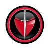 Sword and shield emblem with red and black design.