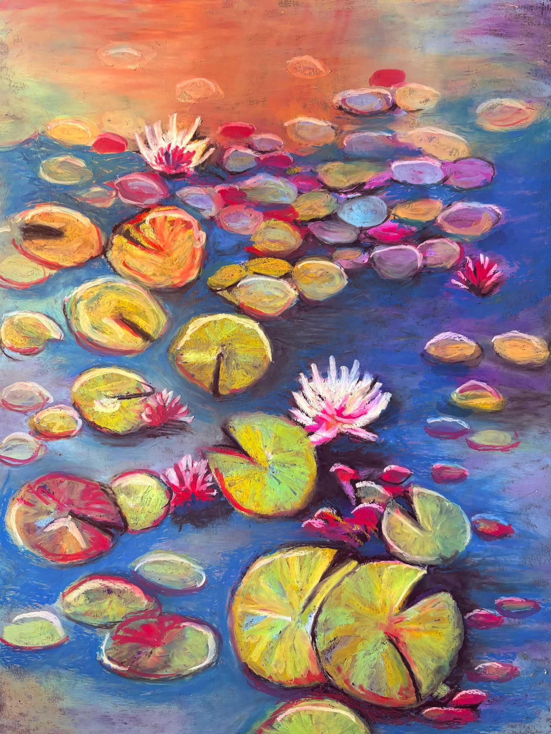 Colorful painting of lily pads and flowers on water.