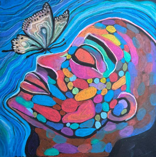 Colorful abstract face with a butterfly on a blue background.