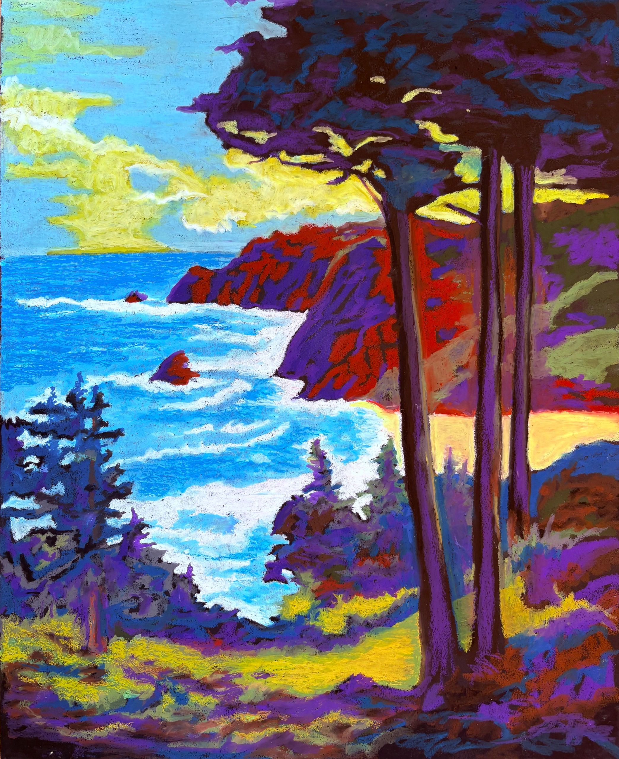 Colorful pastel painting of a coastal landscape with trees and cliffs.