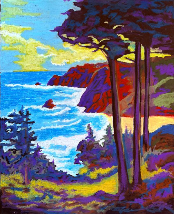 Vibrant pastel painting of a coastal landscape with colorful cliffs and trees.