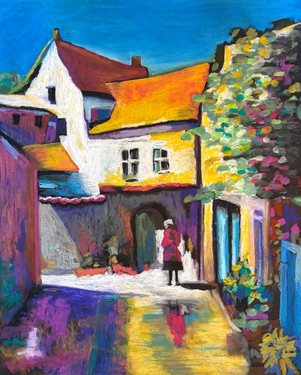 Colorful painting of a person walking in a vibrant village street.