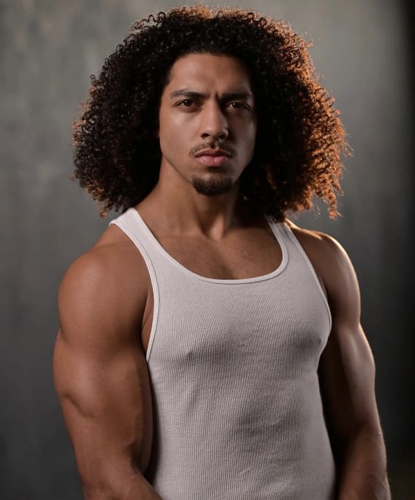 Muscular man with curly hair in a white tank top.