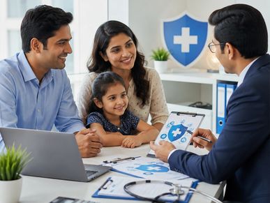 Family consulting with insurance agent in office.