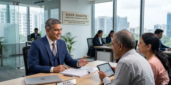 Financial consultant advising clients in a modern office setting.