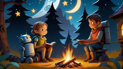 illustration of a boy, a girl and a robot sharing stories around a small campfire