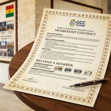 Membership contract from Global Chamber of Commerce Ghana on a table.