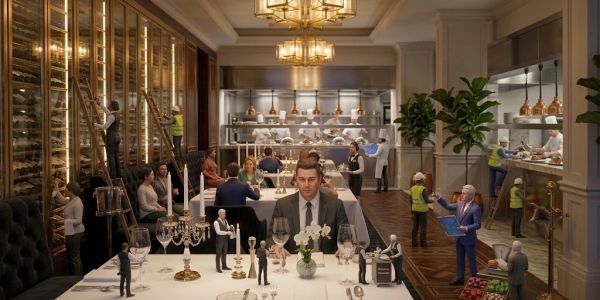 Ekskluzywna restauracja z miniaturowymi pracownikami i gośćmi.