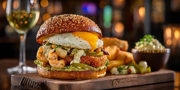 Burger z krewetkami, jajkiem sadzonym i sosem, z frytkami i dodatkami, na tle kieliszka białego wina – przykład dania z wieloma alergenami.