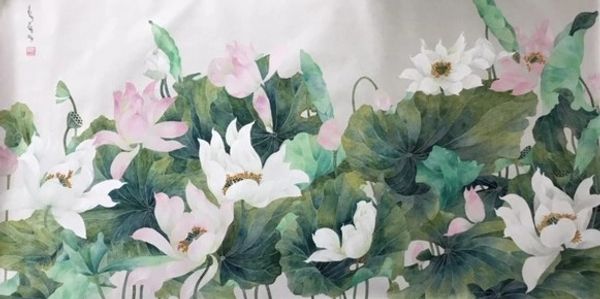 Elegant painting of white and pink lotus flowers with lush green leaves.