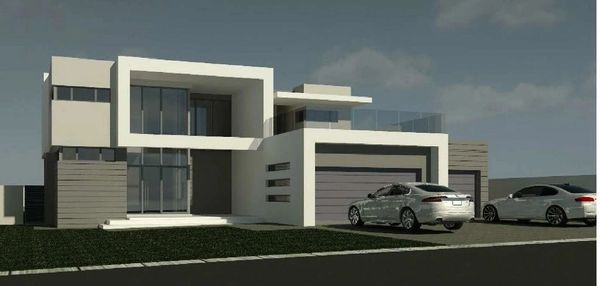 Modern two-story house with large windows and two parked cars.