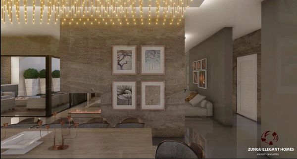 Modern living room with elegant lighting and nature-themed wall art.