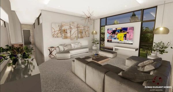Modern living room with neutral tones and large windows overlooking greenery.