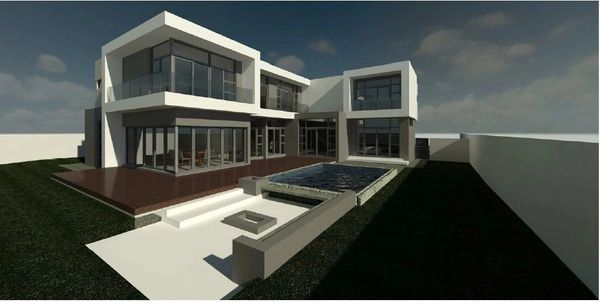 Modern two-story house with large glass windows and a swimming pool.