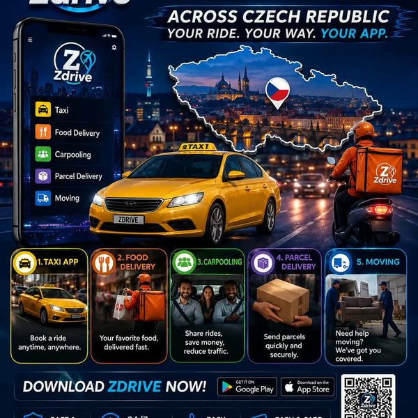 Annonce de l'application ZDrive pour divers services de transport en République tchèque.