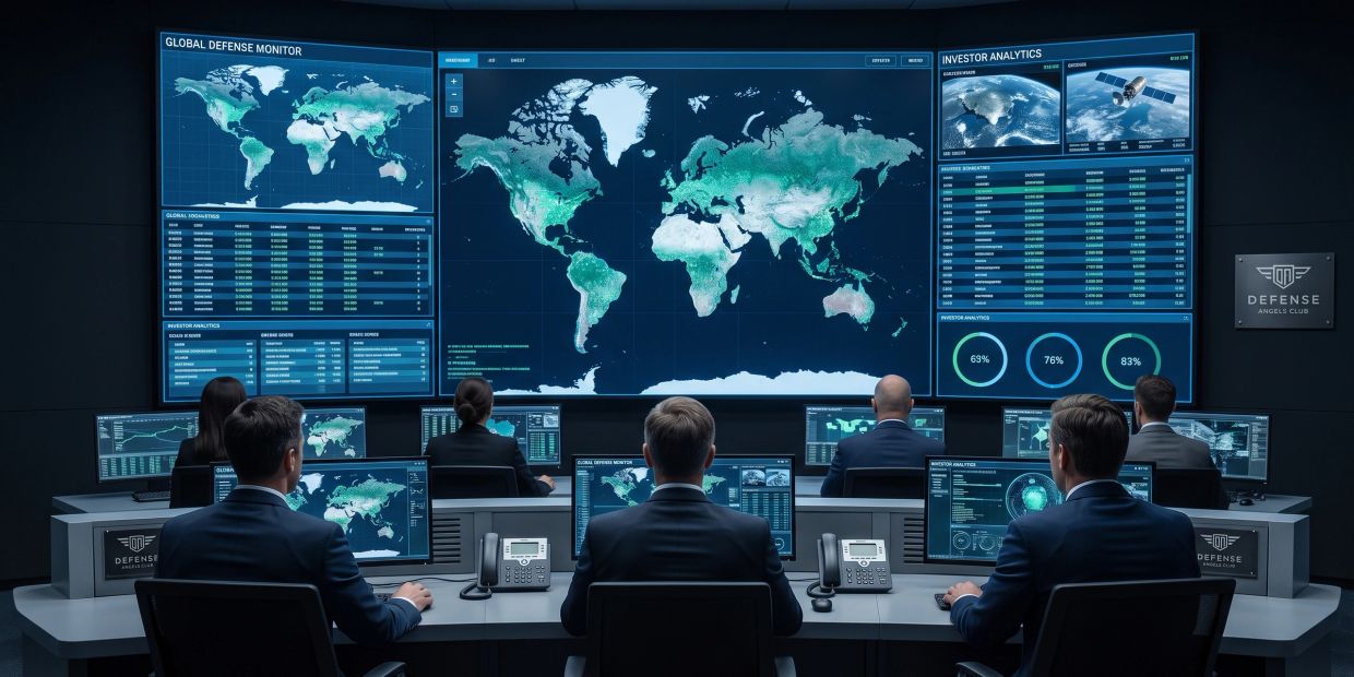 Sala de control de defensa global con mapas y datos.