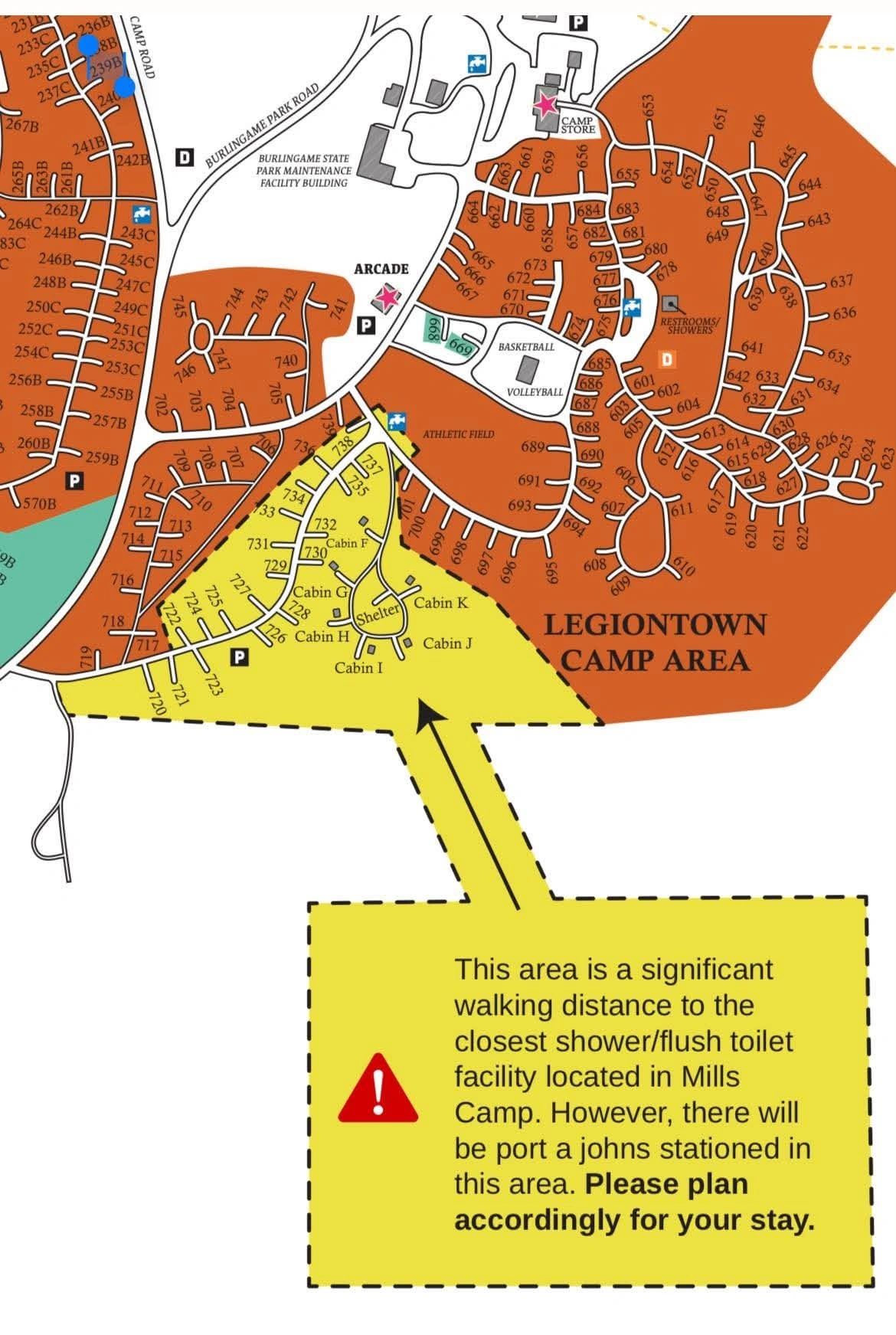 Map of Legiontown Camp Area highlighting cabins and facilities.