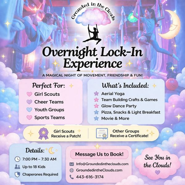Fly into fun with an Overnight Lock-In Experience featuring aerial yoga, games, and snacks for youth groups and teams.