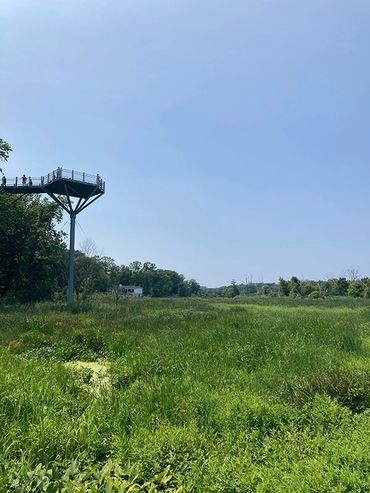 Observation deck overlooking a vast green field under a clear blue sky.