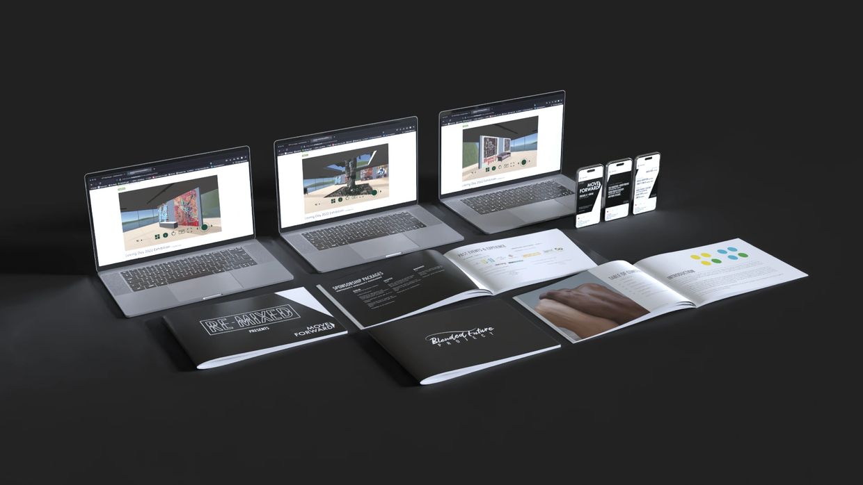 Laptops and smartphones display virtual exhibitions alongside printed brochures.