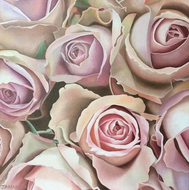 pink and beige cafe latte au lait roses original oil painting on canvs for sale UK framed