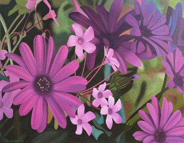 purple and pink wild flowers original oil painting on canvas gerberas vebenas realistic artwork 