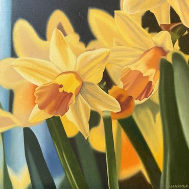 Daffodils oil painting for sale UK yellow flowers floral artwork springtime on canvas square framed