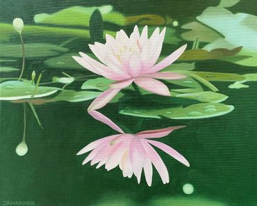 Water lily lotus flower green original oil painting on canvas pink reflection floral pads water 