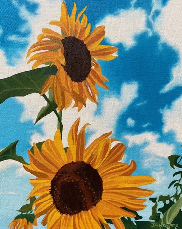 Sunflowers original oil painting on canvas yellow blue green bright colours floral framed for sale 