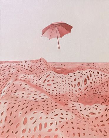 pink oil painting on canvas for sale uk buy original artwork surrealist art landscape umbrella 