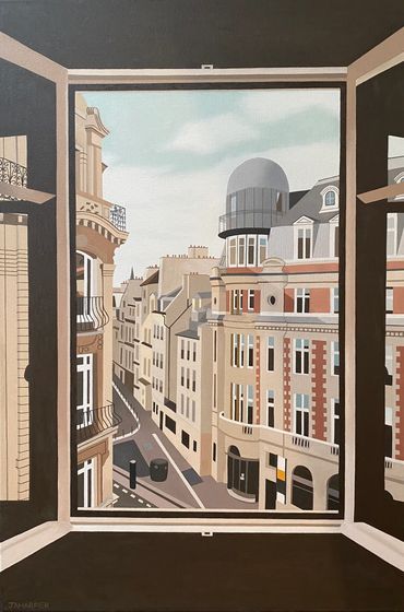 Paris street original oil painting on canvas through a window dark brown cityscape French for sale 