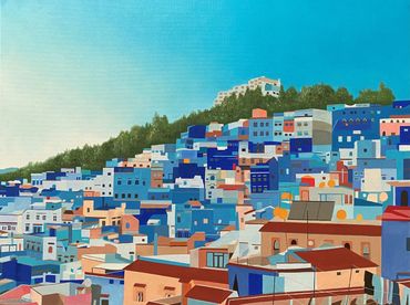 Morocco oil painting on canvas Chefchaouen blue city original artwork for sale UK framed 