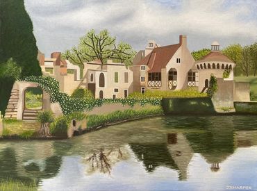 Scotney Castle original oil painting on canvas English landscape green historic buildings for sale