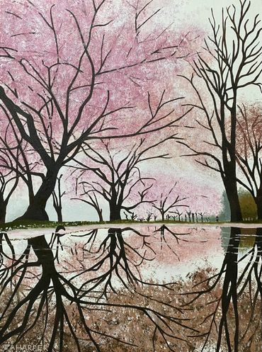 pink blossom trees original oil painting on canvas spring reflections in water for sale UK