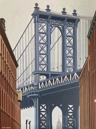 Manhattan Bridge New York original oil painting on canvas for sale UK Empire State building framed