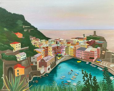 Vernazza Cinque Terre Italy original oil painting on canvas colourful houses