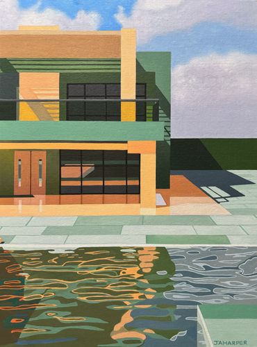 Palm Springs style modern house by a swimming pool original oil painting on canvas Hockney style