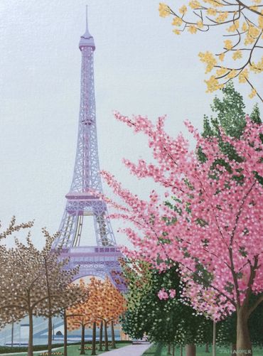 Eiffel Tower Paris oil painting on canvas pink blossom trees landscape original for sale UK pink
